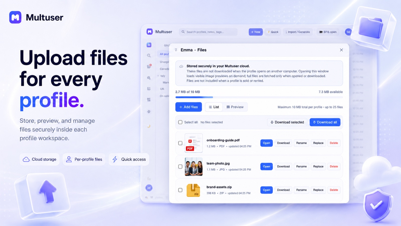 Multuser cloud files for each profile, with previews, file management, and bulk downloads