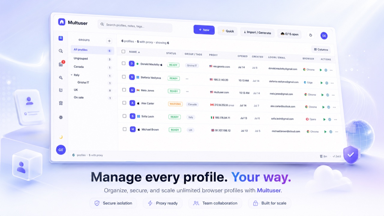 Multuser dashboard — manage every browser profile, each with its own proxy, status and login