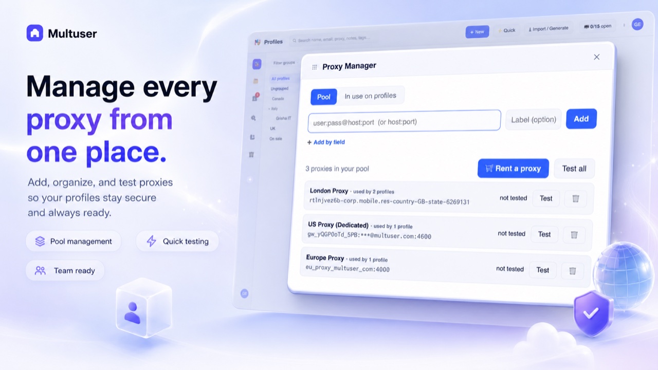 Manage every proxy from one place — add, organize and test proxies in a shared pool